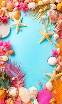 Beach themed frame for Flyers, Men&ugrave; or Posters with Holiday Vacation Elements with space for text - Generative AI