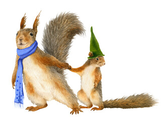 Two funny anthropomorphic squirrels (a parent and a baby) with a winter scarf  and cap hand drawn in watercolor. Watercolor Christmas illustration. Isolated image