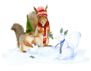 Funny anthropomorphic mother squirrel with red scarf and cap and baby squirrel making a snowman hand drawn in watercolor. Watercolor Christmas illustration