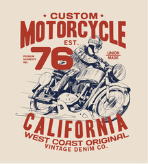motorcycle concept tee print design with motorbike and rider drawing as vector