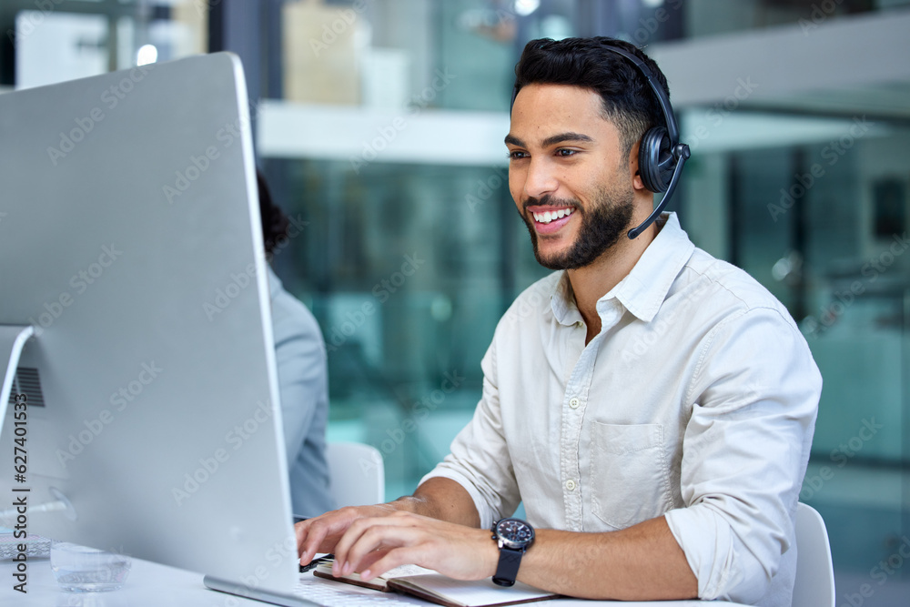 Poster business man, call center and web support communication at a computer in a office. phone conversatio