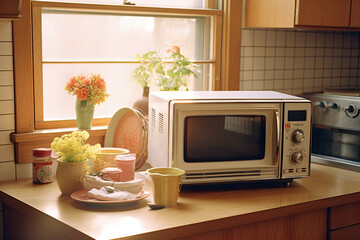 vintage microwave oven in the kitchen - obrazy, fototapety, plakaty