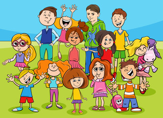 happy cartoon children and teenagers characters group