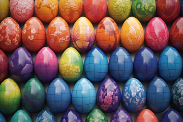Fototapeta na wymiar Creative background of colorful Easter eggs. Various patterns and vibrant colors. Spring holidays concept. Generative AI.