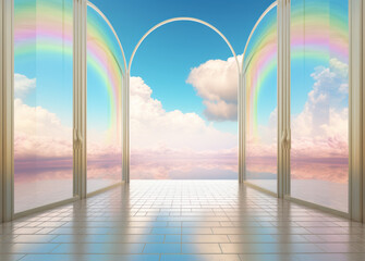 Abstract imaginary doorway with a rainbow view. Expansive spaces, ethereal cloudscapes, mirror rooms. Generative AI.