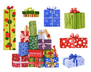 Set of Christmas presents with separate presents and a heap of gifts hand drawn in watercolor. Watercolor Christmas illustration.