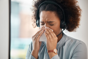Fototapeta na wymiar Consultant, sick woman and blowing nose in office for flu, allergies, and health risk in telemarketing agency. Face of female sales agent, call centre and tissue for virus, allergy and sneeze