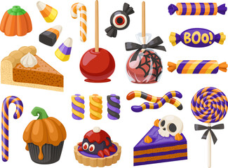 Collection of Halloween sweets and candies. Traditional Halloween candy corn and pumpkin corn, pumpkin cakes, lollipops, jelly worms, marshmallows and caramelized apples.