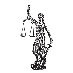 sketch depicting Lady Justice, blindfolded, with scales and a sword, representing the principles of justice and law