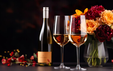 Autumn Still Life composition with wine bottle and glasses, flowers in modern vase on the wooden table. Copy space. Dark Blurred background.