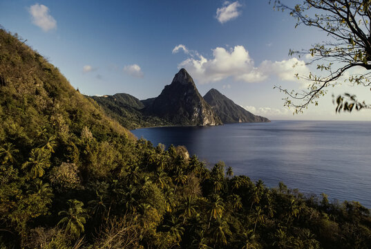 Scenic view of mountains and water, Saint Lucia, West Indies; Saint Lucia, West Indies