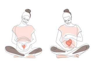 Pregnant woman makes yoga and meditation. Concept pregnancy, motherhood, health care. Illustration in flat style. One line drawing
