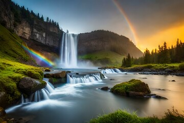 rainbow over waterfall.generated Ai technology