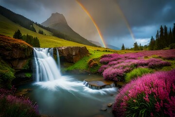 rainbow over the waterfall.generated Ai technology