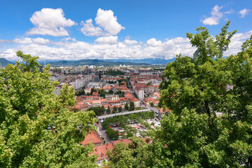 Fototapeta na wymiar Ljubljana, Slovenia - June 27, 2023: Cityscape of the Slovenian capital Ljubljana. Panorama of Ljubljana, Slovenia. View to Ljubljana City Center