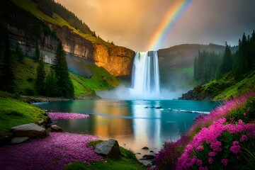 waterfall in rainbow.generated Ai technology