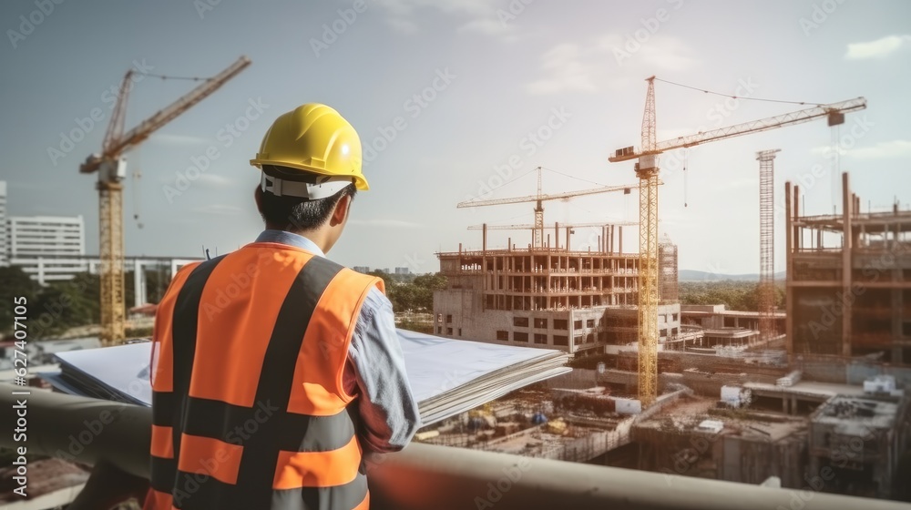 Leinwandbilder civil engineer with architects inspecting and working at outdoors structure building site, engineeri