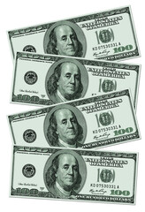 One hundred dollar bills of the USA are laid out on a white background