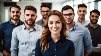 Obraz premium Portrait of a diverse group business people standing together after a successful discussion in the office.