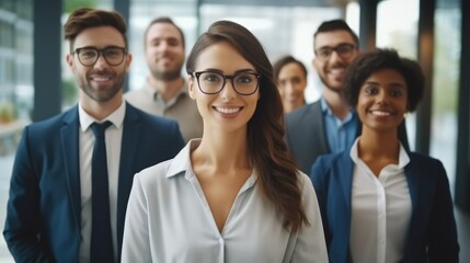 Obraz premium Portrait of a diverse group business people standing together after a successful discussion in the office.