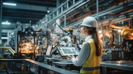 Naklejka premium Female Automotive Engineer are checking Production at a Car Assembly Plant.