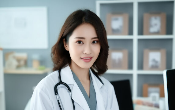 Young Asian woman doctor at hospital, Holding clipboard reporting patient report in the examination room.