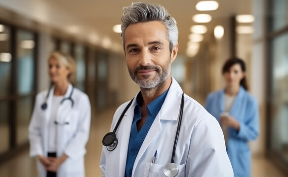 Confident mature doctor in a white coat and stethoscope at hospital, Portrait.