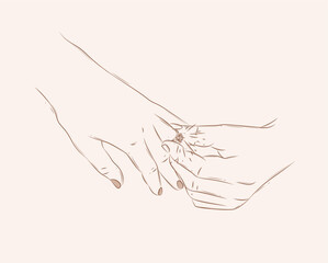 Obraz premium Hand of man wearing wedding ring on woman finger drawing on beige background