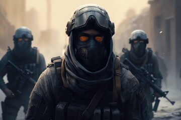 A group of special forces soldiers, Team of United states airborne infantry men with weapons moving patrolling desert.