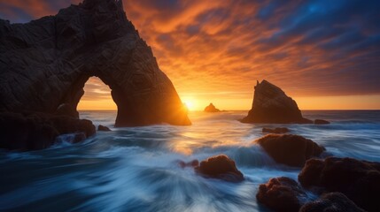 Arch shaped by the tide in blue sky at sunset, Epic fantasy scenes, Dark gray and orange.