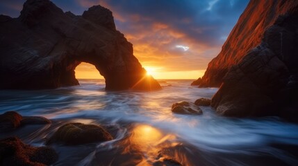 Arch shaped by the tide in blue sky at sunset, Epic fantasy scenes, Dark gray and orange.