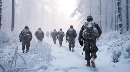 Rear view Group of infantry soldiers in uniforms, walking over snow covered landscape, Action on war battle in jungle.