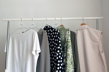 modern woman clothing, clothes rack, large wardrobe with different clothes, home stuff, choice of clothes in the closet,