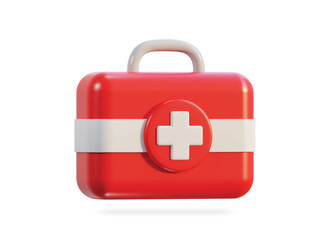 First aid kit, ambulance emergency box, medical help suitcase. Healthcare, emergency concept. 3d vector