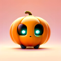 miniature halloween pumpkin, cute, bright, big eyes, photography, 3D art, animated, decorative, light pink white background