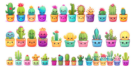 Colorful neon cute kawaii cactus set transparent background. Cactus png bundle