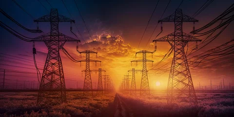 Foto op Aluminium High Voltage Pylons with Electric Power Lines Transfer - Generative AI © jovannig
