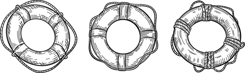 Set of lifebuoy with rope isolated sketch. Hand drawn life ring in engraving style collection.