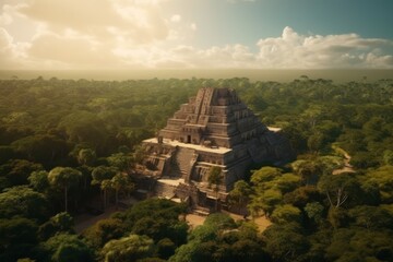 Fototapeta na wymiar Ancient mayan city with massive temple in dense nature background generative ai