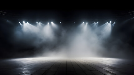 Empty stage of the theater, lit by spotlights before the performance. Red round podium on bright...