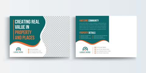 Real Estate postcard design template, amazing and modern postcard design. Modern home for sale postcard design template vector layout