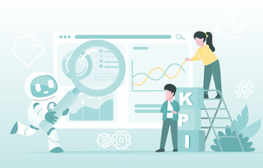 Artificial Intelligence (AI) technology concept. Collaboration between human and AI robot, management strategy, tactical plan, marketing report, solving problem. Flat vector design illustration.