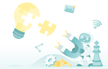 Fototapeta premium Artificial Intelligence (AI) technology and brainstorming analyzing market trend, considering risk and opportunity to improve and develop company strategy and tactics. Flat vector illustration.