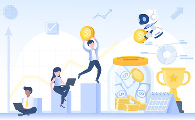 Artificial Intelligence (AI) technology business growth and success. Collaboration between people and ai robot to saving, planning, working for achieve success goals. Flat vector design illustration.