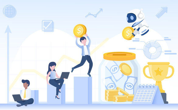 Artificial Intelligence (AI) technology business growth and success. Collaboration between people and ai robot to saving, planning, working for achieve success goals. Flat vector design illustration.