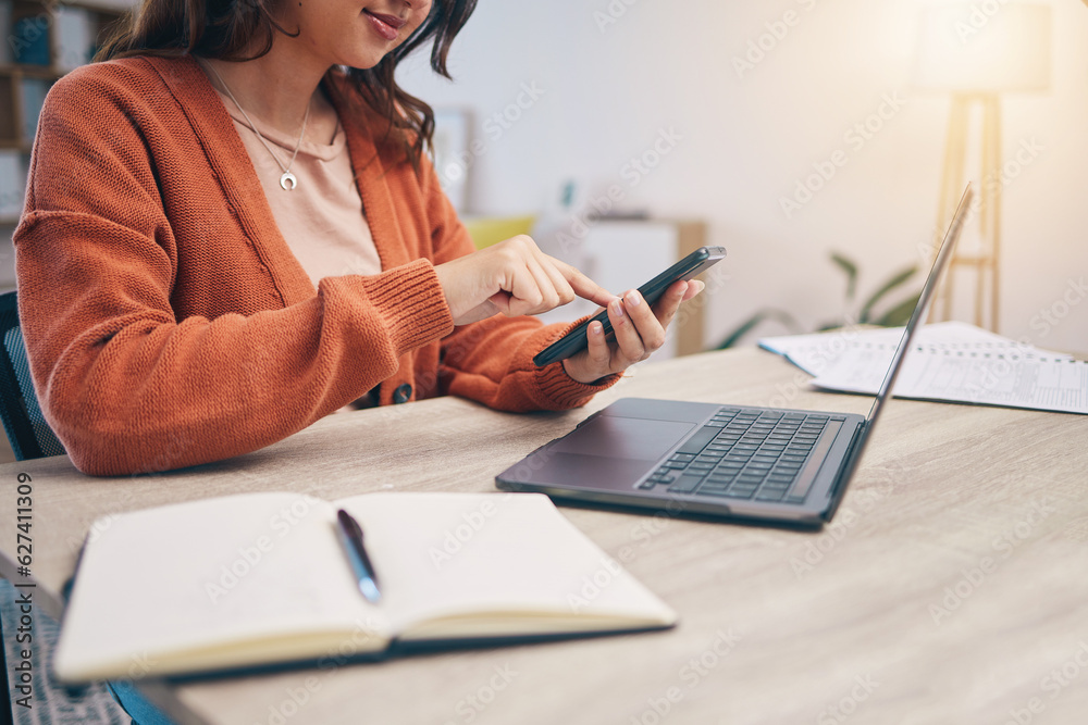 Poster hands, phone and notebook with texting, woman or laptop for planning, schedule or networking at desk
