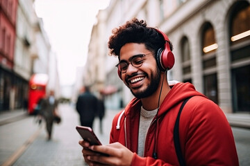 Young Man Using a Smartphone and Listening to Music in Red Headphones in the Street