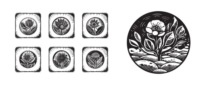 Set of scandi block print floral motif for vintage collection. Monochrome folk art botanical clip art group. 