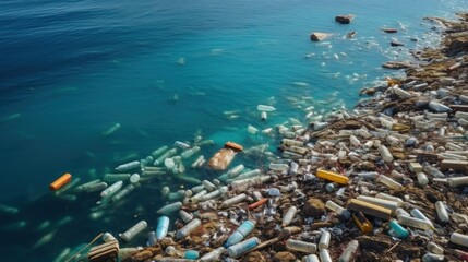 Fototapeta na wymiar Ocean pollution concept. Ocean pollution with plastic waste. Sea beach with ecological garbage. The global problem of the death of marine plants and animals. Made With Generative AI.