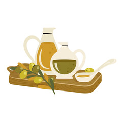 Composition of olive oil bottles, spoon with yellow fat, branch of olive trees, leaves. Glass open pitcher of vegetable oil on wood board. Kitchenware, Cooking concept. Vector flat illustration